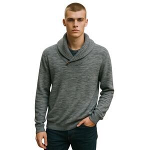 Even Tide Toggle Button Shawl Collar Heather Blue Sweater